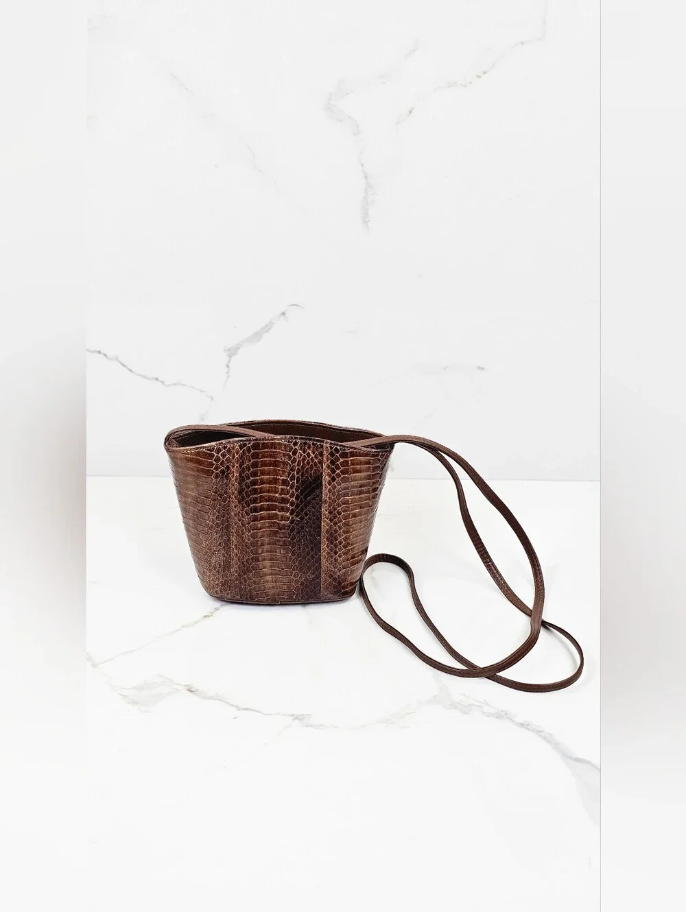 Vintage Neiman Marcus Brown Snakeskin Leather Crossbody Bucket Bag Mini Purse
